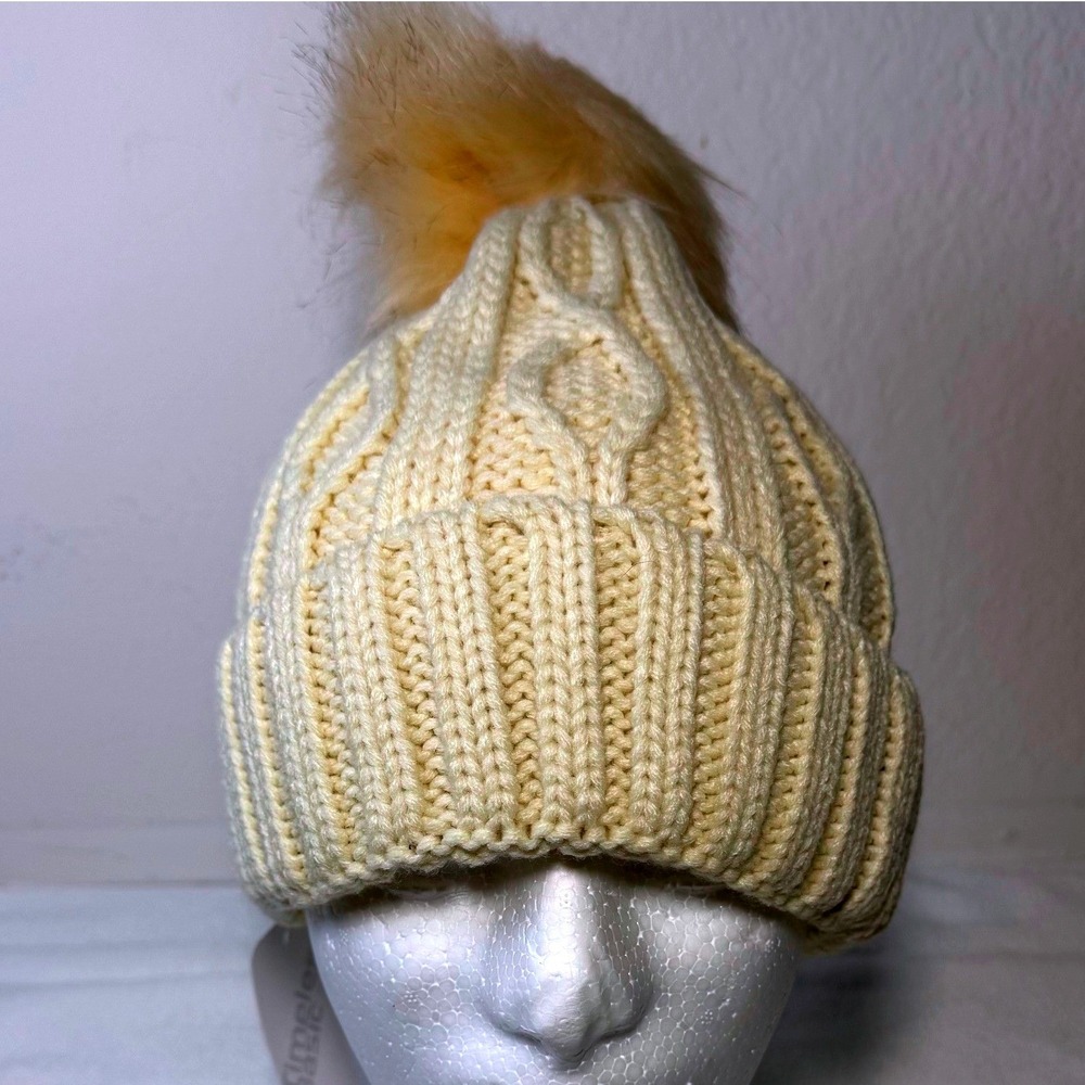Withmoons Beanie Women One Size Cream Cable Knit Faux Fur Pom Pom Winter Hat